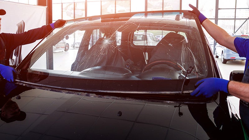 Two mechanics replacing a cracked windshield in body shop
